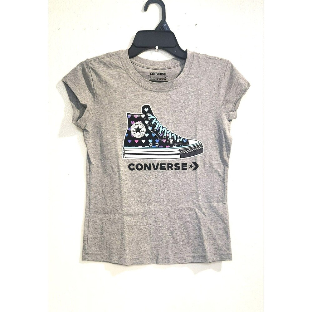 Converse All Star Graphic T-Shirt-Gray Heather Youth Sz L-Heart Chuck TaylorShoe